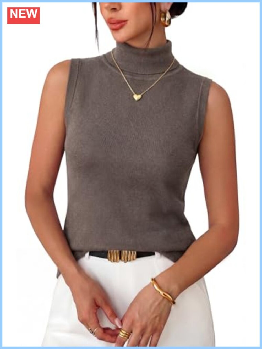Wool Blend Slim Fit Turtleneck Sleeveless Tank Top Fall Layering